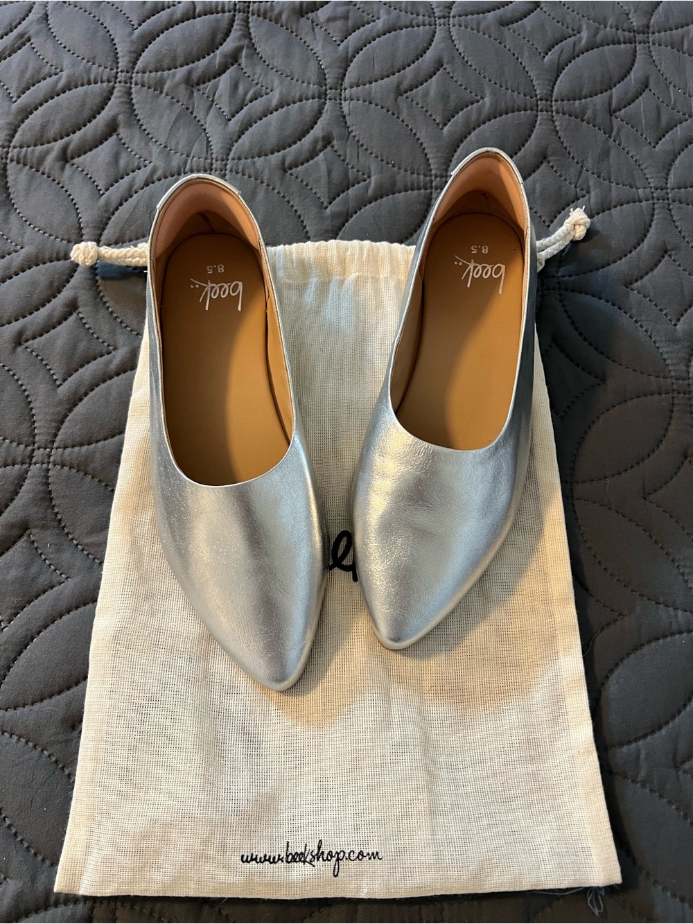 Beek: Swoop Leather Ballet Slipper - Silver EUC / Like New! Size 8.5 - Picture 2 of 7
